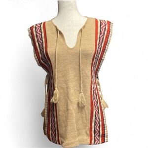 Vintage Pandora Tan Southwestern Sweater Vest Poncho Side Ties Boho Festival 70s